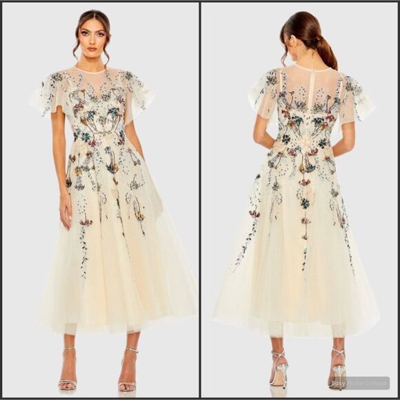 Mac Duggal 20510 Flutter Sleeve High Neck Embellished Floral Dress - Picture 1 of 13